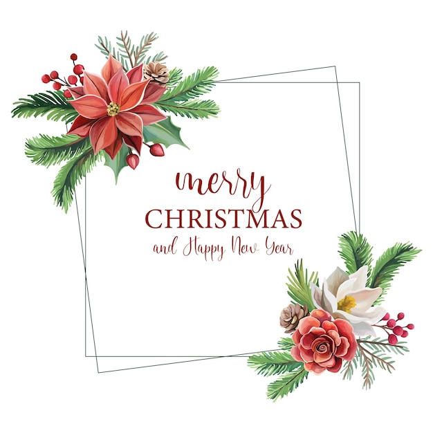 Tarjeta de felicitación de vacaciones de invierno con flores de Navidad y ramas de abeto Feliz Navidad