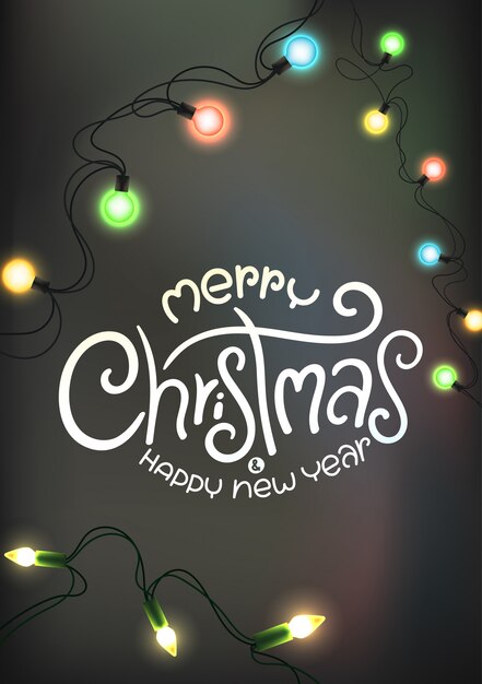 Tarjeta de felicitación de vacaciones de invierno. Luces brillantes y letras