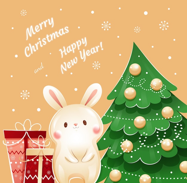 Tarjeta de felicitación de las vacaciones de Navidad linda y alegre caricatura kawaii conejito con cajas de regalos árbol de Navidad
