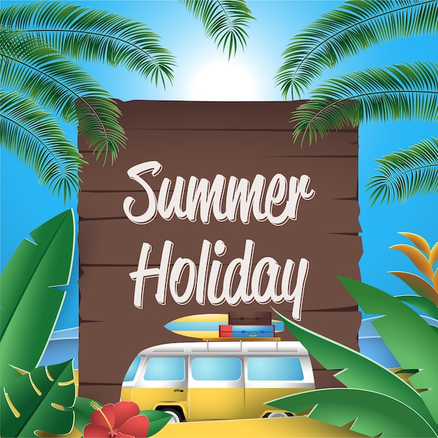 Tarjeta de felicitación de vacaciones de verano con cartel de madera