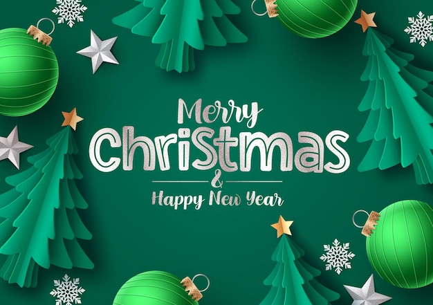 Tarjeta de felicitación de vector de árbol de Navidad Texto de saludo de feliz Navidad con pino verde