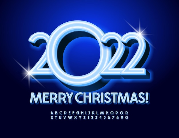 Tarjeta de felicitación de vector Feliz Navidad 2022 Fuente azul Elegante conjunto de letras y números del alfabeto de neón