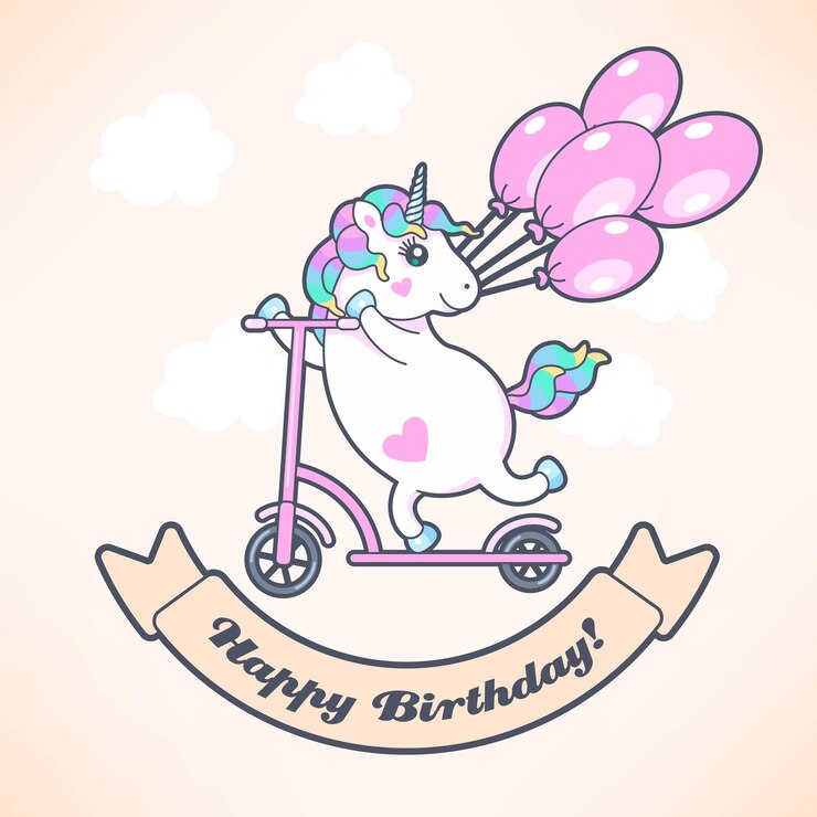 Vector tarjeta de felicitación de vector con lindo unicornio y globos