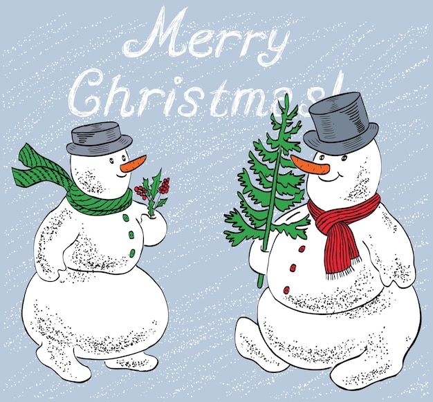 Tarjeta de felicitación de vector con pareja alegre muñecos de nieve de Navidad
