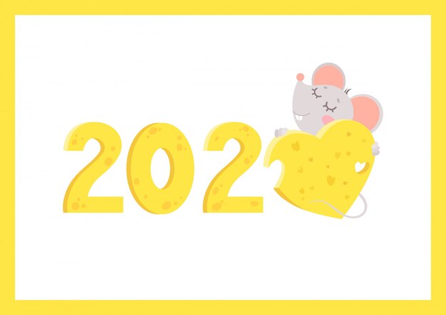 Tarjeta de felicitación de vector plano de año nuevo 2020 con plantilla de mouse