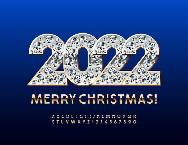 Tarjeta de felicitación de vector premium feliz navidad 2022 con brillante decoración conjunto de alfabeto de oro