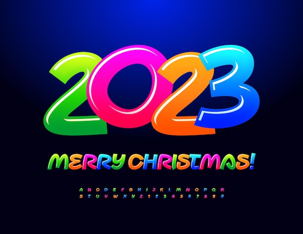 Vector tarjeta de felicitación vectorial de colores brillantes ¡feliz navidad 2023! juego de letras y números del alfabeto candy