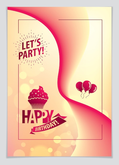 Tarjeta de felicitación vectorial de cumpleaños alegre y brillante. Incluye composición de letras y globos combinados con fondo abstracto de forma fluida y colorida ondulada. Formato A4 con colores CMYK aceptables para imprimir