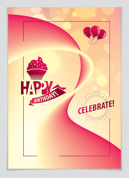 Tarjeta de felicitación vectorial de cumpleaños alegre y brillante. Incluye composición de letras y globos combinados con fondo abstracto de forma fluida y colorida ondulada. Formato A4 con colores CMYK aceptables para imprimir