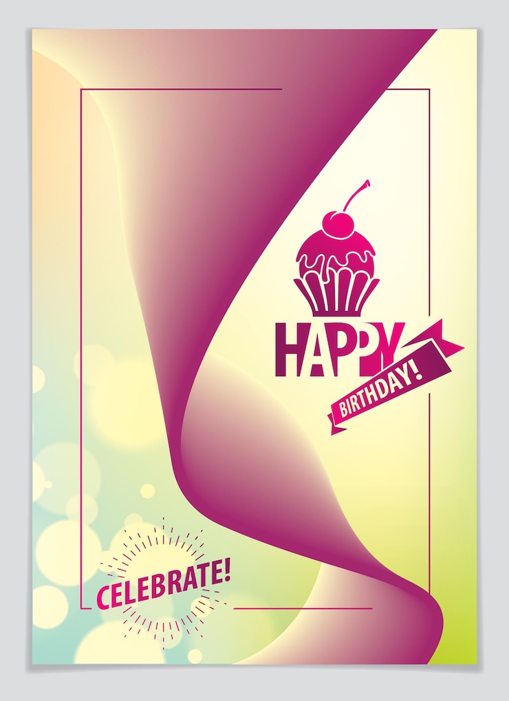 Vector tarjeta de felicitación vectorial de cumpleaños. incluye composición de letras y globos combinados con un fondo abstracto de forma colorida y fluida ondulada. formato a4 con colores cmyk aceptables para impresión.