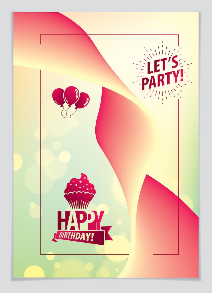 Vector tarjeta de felicitación vectorial de cumpleaños. incluye composición de letras y globos combinados con fondo abstracto de forma fluida y colorida ondulada. formato a4 con colores cmyk aceptables para la impresión.