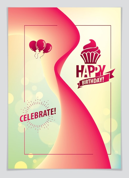 Tarjeta de felicitación vectorial de cumpleaños. Incluye composición de letras y globos combinados con fondo abstracto de forma fluida y colorida ondulada. Formato A4 con colores CMYK aceptables para la impresión.
