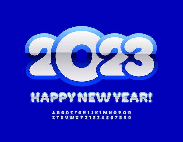 Vector tarjeta de felicitación vectorial ¡feliz año nuevo 2023! fuente blanca y azul brillante. alfabeto creativo moderno