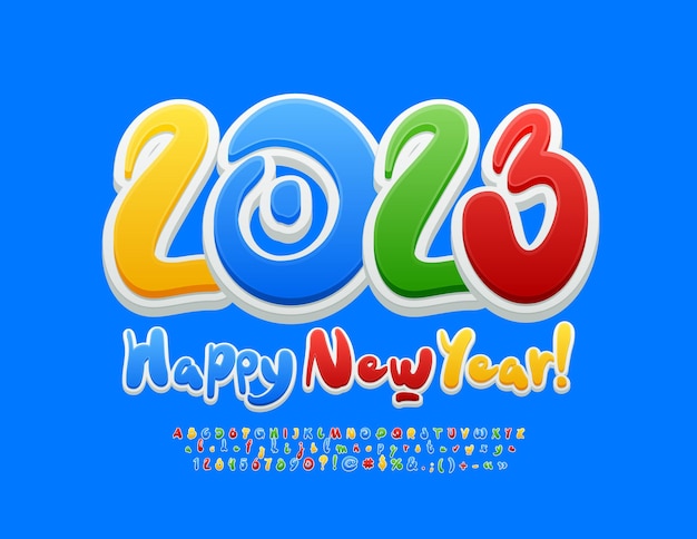 Tarjeta de felicitación vectorial Feliz año nuevo 2023 para niños. Fuente manuscrita colorida. Alfabeto creativo