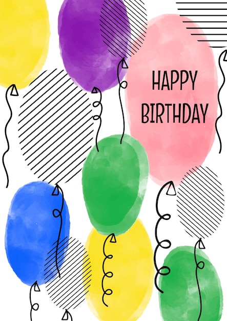 Tarjeta de felicitación vectorial de feliz cumpleaños con globos coloridos texturizados de acuarela dibujados a mano con cuerdas. Diseño de fondo artístico creativo infantil lindo para tarjeta de celebración de cumpleaños, invitación de fiesta