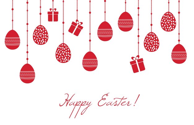 Tarjeta de felicitación vectorial de Pascua con huevos decorativos colgantes y cajas de regalo