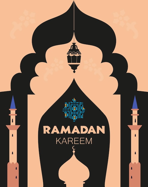 Tarjeta de felicitación vectorial de Ramadan Kareem con ilustraciones planas de la lámpara de los minaretes de la cúpula