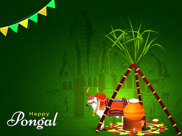 Tarjeta de felicitación verde con caña de azúcar, olla de barro en la hoguera y personaje de OX frente al templo para la celebración de Happy Pongal.