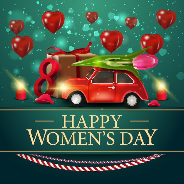 Tarjeta de felicitación verde para el día de la mujer con coche con Tulip.