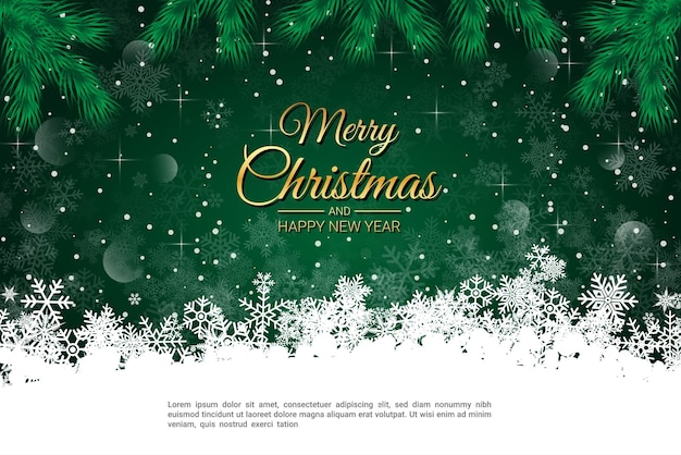 Tarjeta de felicitación verde de Navidad con copos de nieve y ramas de pino de fondo