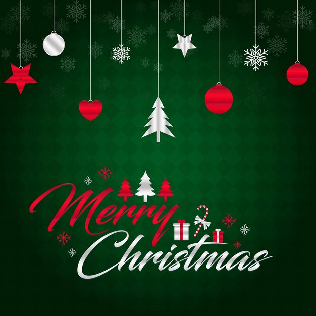 Tarjeta de felicitación verde de Navidad con decoraciones de árboles y adornos colgantes