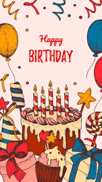 Tarjeta de felicitación vertical de cumpleaños Póster con elementos dibujados a mano