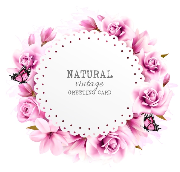 Tarjeta de felicitación vintage natural con magnolia rosa. vector.