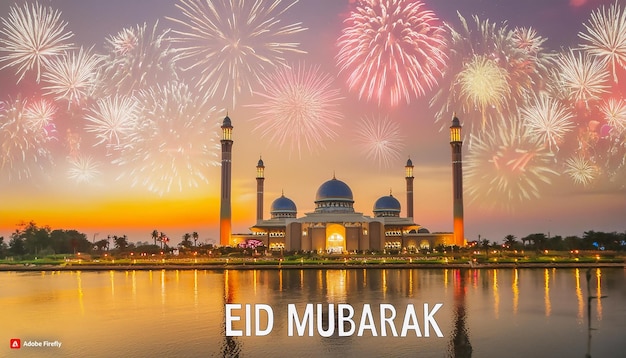 Vector tarjeta de felicitaciones de eid fuegos artificiales mezquita con minaretes texto eid mubarak