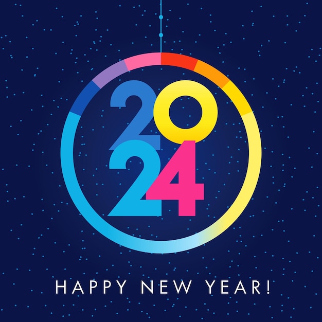 Tarjeta de felicitaciones de Feliz Año Nuevo 2024 Bola de Navidad creativa y número 20 24
