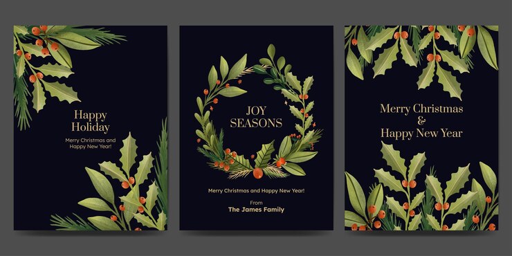 Vector tarjeta de felicitaciones navideñas con corona o guirnalda de árbol de navidad planta de invierno de moda estilo vintage
