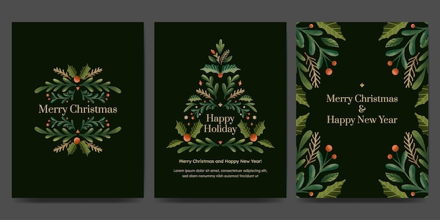 Tarjeta de felicitaciones navideñas con corona o guirnalda de árbol de Navidad planta de invierno de moda estilo vintage