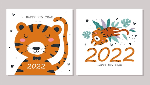 Tarjeta de feliz año nuevo 2022 con lindo tigre ilustraciones vectoriales