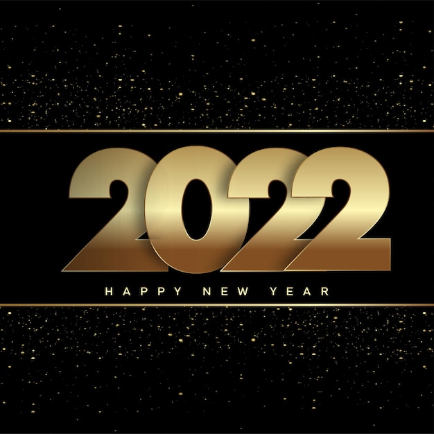 Tarjeta de feliz año nuevo 2022 con texto dorado brillo sobre fondo negro. Vector.