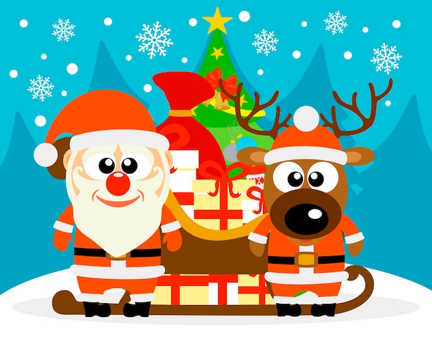 Tarjeta de feliz año nuevo con ciervos y santa claus