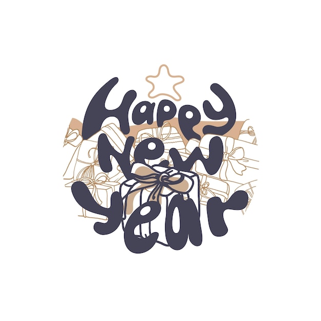 Tarjeta de feliz año nuevo diseño de vacaciones ilustración gráfica marco de círculo tipografía pegatina dibujada a mano