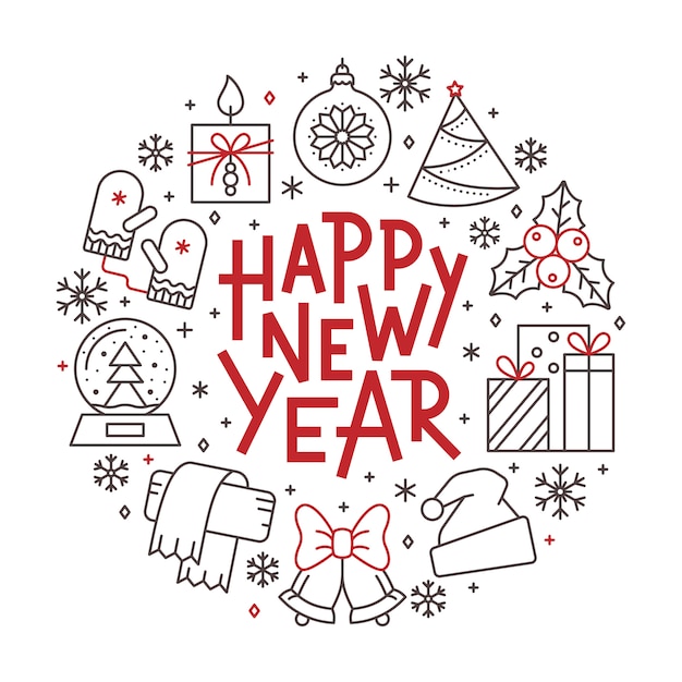 Tarjeta de feliz año nuevo, vacaciones de invierno rojo, icono de línea negra banner de letras.