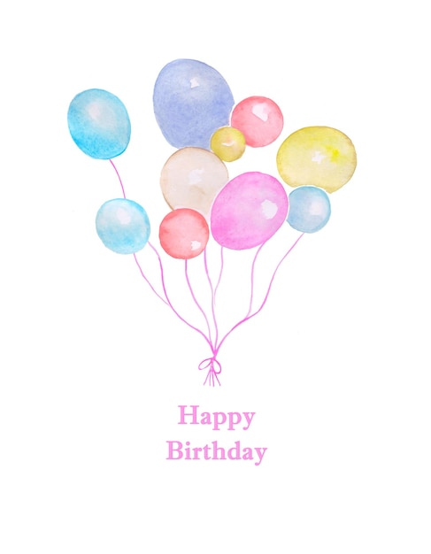 Tarjeta del feliz cumpleaños, celebración, globos de colores, ilustración acuarela