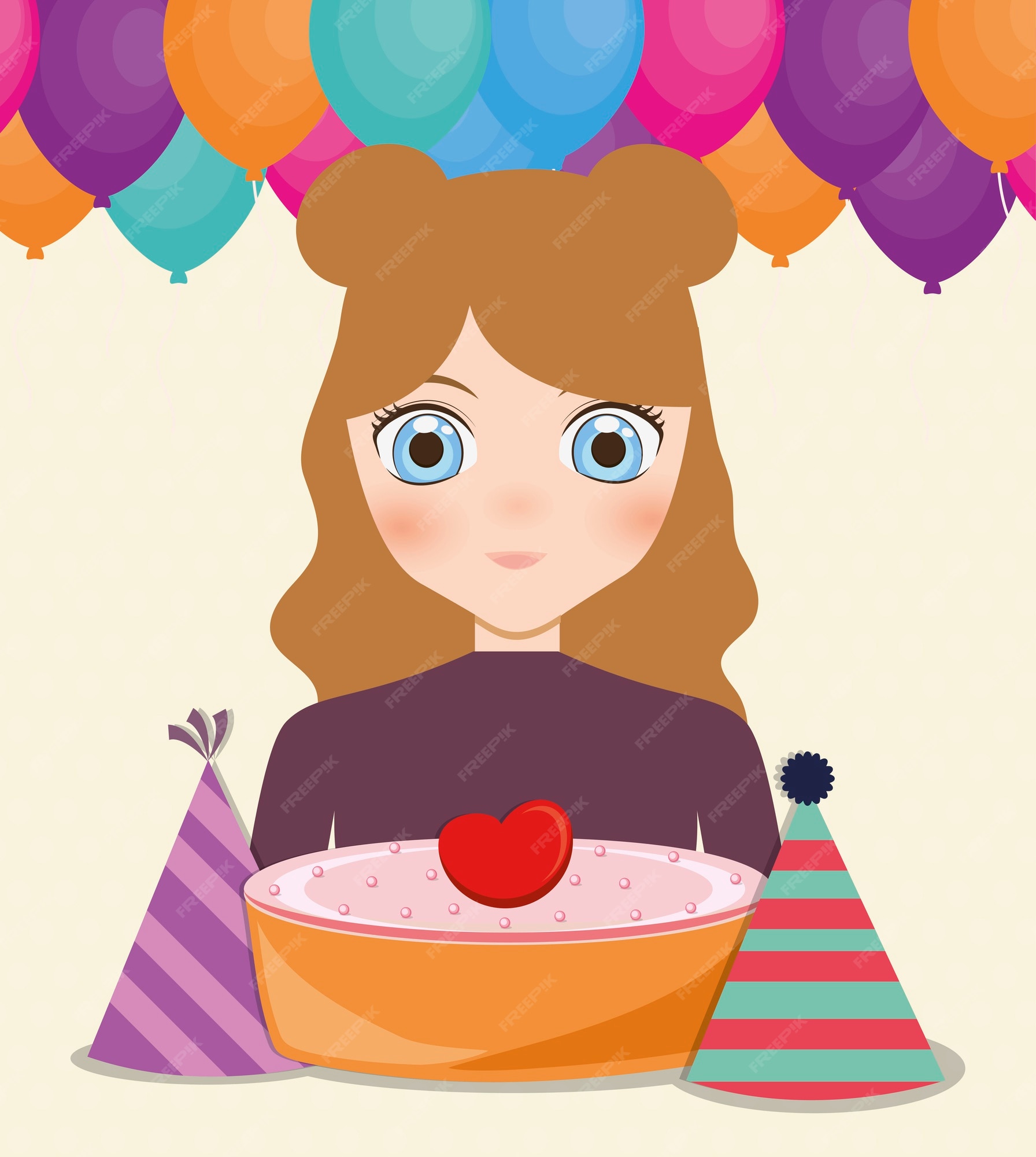 Tarjeta de feliz cumpleaños con chica anime y pastel | Vector Premium