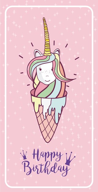 Tarjeta del feliz cumpleaños con dibujos animados de fantasía de unicornios lindos