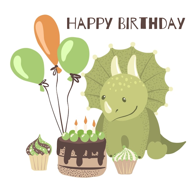 Tarjeta del feliz cumpleaños con dinosaurio de dibujos animados lindo