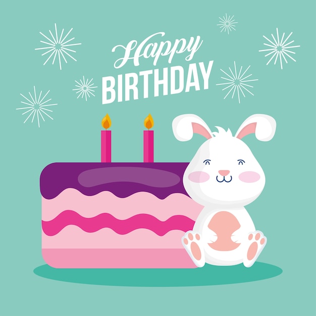 Tarjeta del feliz cumpleaños con diseño de ilustración de vector de escena de conejo y pastel