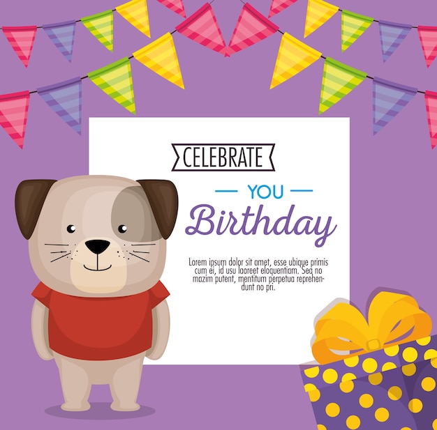 Vector tarjeta de feliz cumpleaños con diseño de ilustración de vector de perro lindo