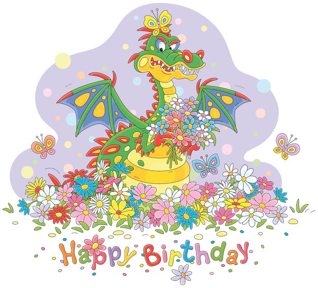 Tarjeta de feliz cumpleaños con un divertido dragón y un hermoso ramo de flores de jardín de verano.