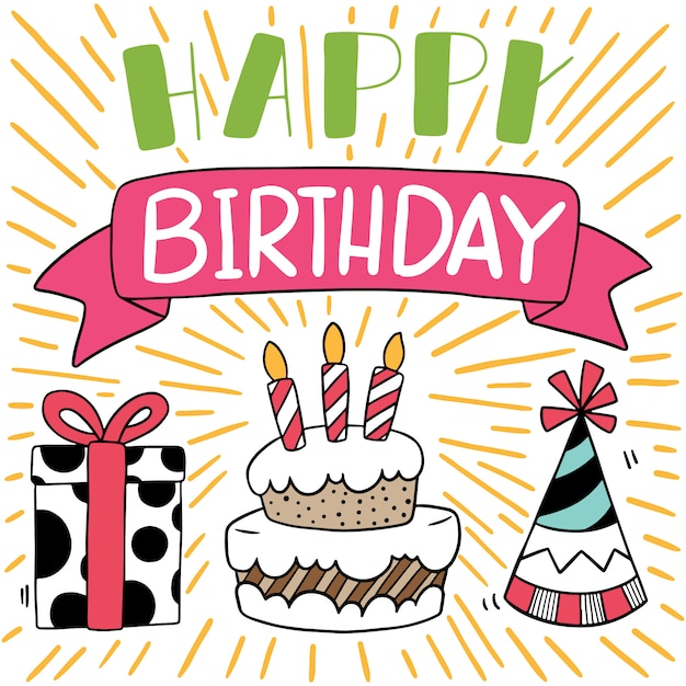 Tarjeta de feliz cumpleaños de fiesta dibujada a mano doodle