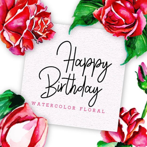 Tarjeta de feliz cumpleaños con flores en estilo acuarela