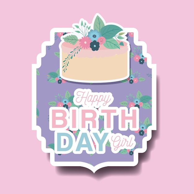 Tarjeta del feliz cumpleaños con flores y pastel