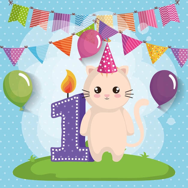 Vector tarjeta de feliz cumpleaños con gato