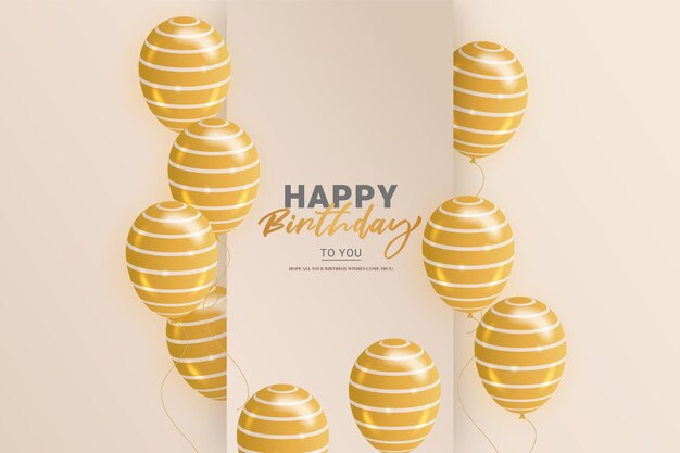 Tarjeta del feliz cumpleaños con globos azules dorados y rojos fondo amarillo