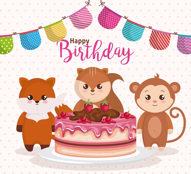 tarjeta de feliz cumpleaños con grupo de animales