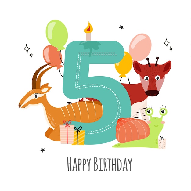 Tarjeta de feliz cumpleaños de ilustración vectorial con número cinco con vela de vacaciones okapi animales antílope caracol regalos globos asterisco doodle Tarjeta de felicitación con la inscripción feliz cumpleaños